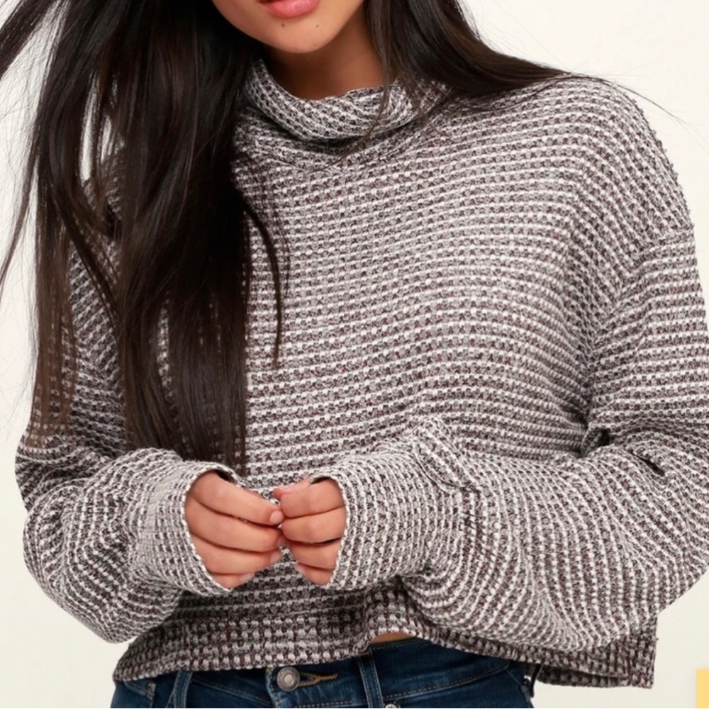 Free People Waffle-Knit Maroon and White Cropped Pullover Turtleneck Sweater